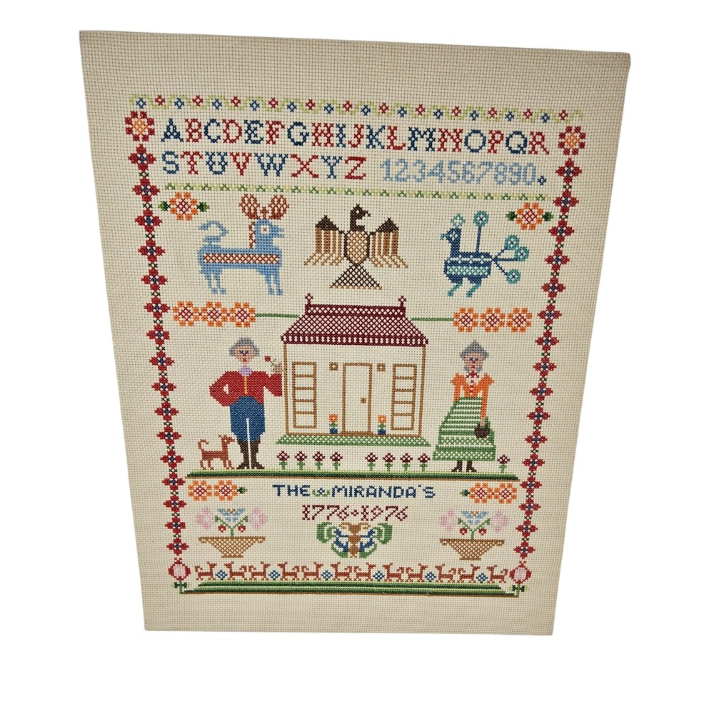Finished Needlepoint Bicentennial Sampler Patriotic Wall Hanging Folk Art 1776